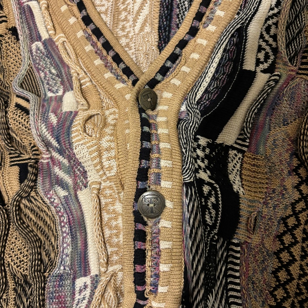 Vintage Tundra 3D Knit Cardigan Sweater Tan Black Multi Pattern 90s Style XL - Picture 3 of 4